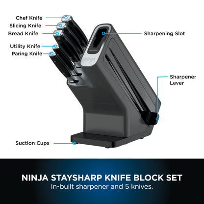 Ninja Foodi StaySharp Knife Block with Integrated Sharpener, 5-Piece Knife Set includes Chef