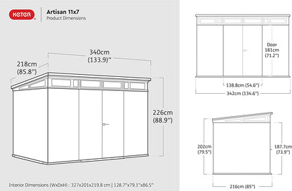 Keter Artisan 11 x 7ft Double Door Pent Outdoor Plastic Garden Shed
